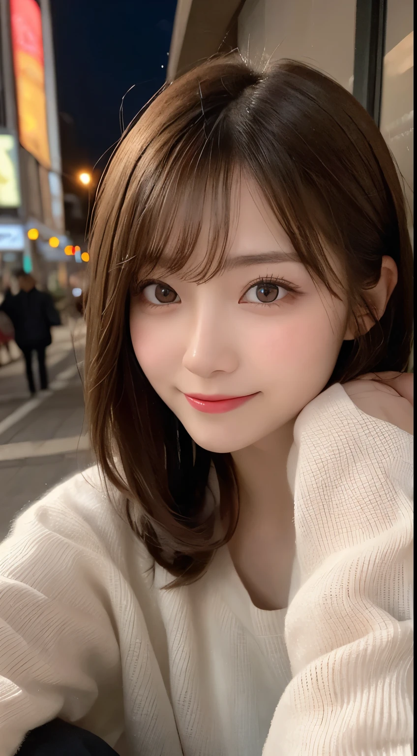 masutepiece, Best Quality, Illustration, Ultra-detailed, finely detail, hight resolution, 8K Wallpaper, Perfect dynamic composition, Beautiful detailed eyes, Winter dress,Medium Hair, Small breasts, Natural Color Lip,Smile,Big city、20 years girl、Midnight、beautifull detailed face、Perfect and beautiful face、slim face and style,Spread your arms wide,Big eyes,Take a photo from below the knees at a face angle