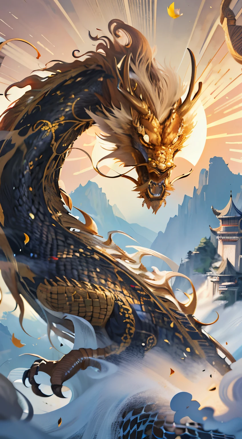 logo,masterpiece,(on a white background:1),golden chinese dragon, surrounded by gold dust,black flowers, trees,petals,wind,god,long wavy body,fangs,fantasy, mythical, high quality, highly detailed, masterpiece, epic,particles effect,dynamic effect,sun in the background