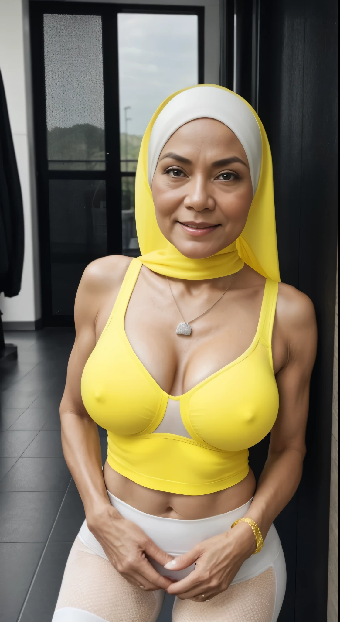 86 Years old, Indonesian mature woman, wearing Hijab, white skin like porcelain, Perfect body, Full body, natural Gigantic mature breast : 98.9, Hard Nipple Erection, gorgeous eyes, Soft smile, wear a Tight Sport Bra, Wet Sport Bra :12.8, Sweaty body : 5.9, Heart necklace, Breast about to burst out, Saggy BREASTS, (YELLOW ), NIKE, NET STOCKINGS.