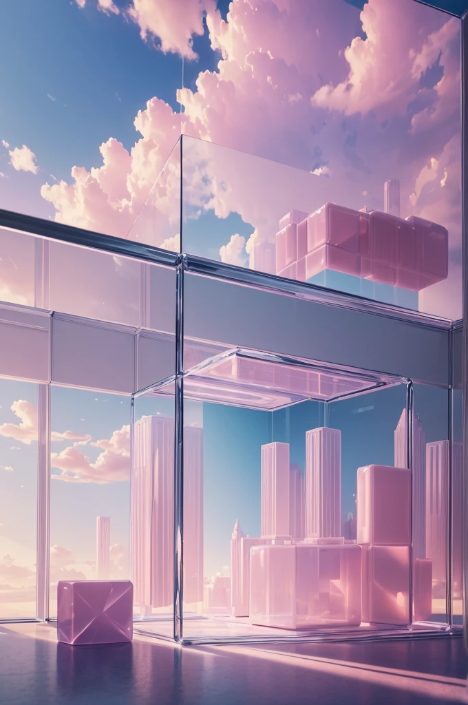 (best quality,4k,8k,highres,masterpiece:1.2),fantasy,floating on soft pink clouds,soft light, glass cubes,fountains and shelves inside the cubes,rooms inside the cubes,realistic CG