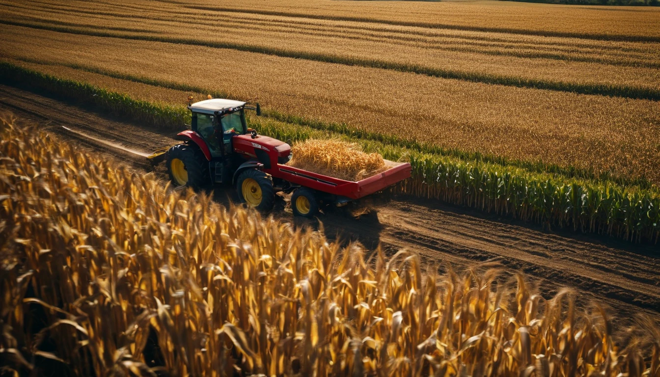 a high-angle shot of a tractor or farm equipment moving through a cornfield during the harvesting process, capturing the dynamic and industrious nature of agriculture