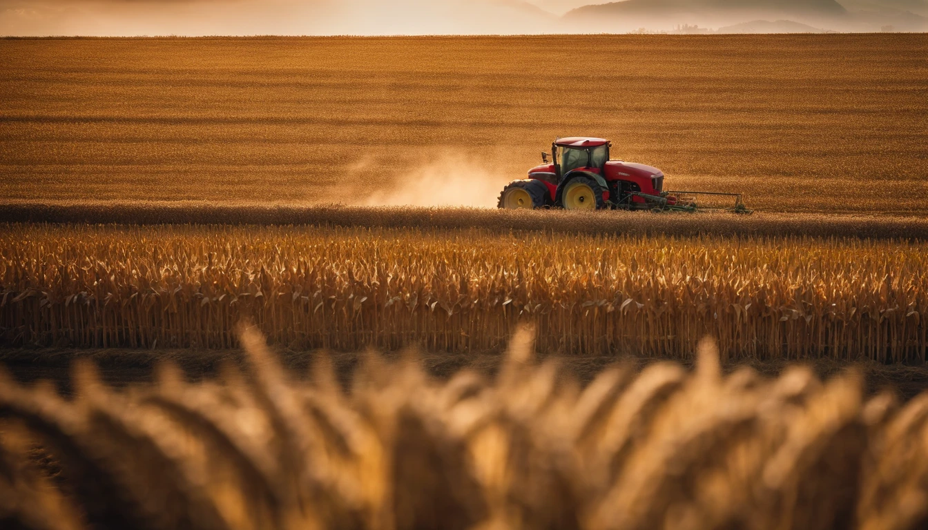 a high-angle shot of a tractor or farm equipment moving through a cornfield during the harvesting process, capturing the dynamic and industrious nature of agriculture