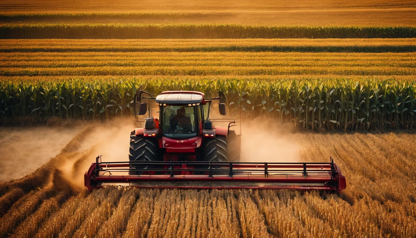 a high-angle shot of a tractor or farm equipment moving through a cornfield during the harvesting process, capturing the dynamic and industrious nature of agriculture