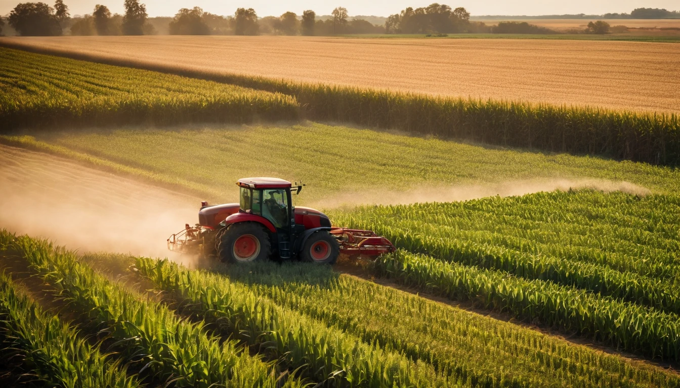 a high-angle shot of a tractor or farm equipment moving through a cornfield during the harvesting process, capturing the dynamic and industrious nature of agriculture