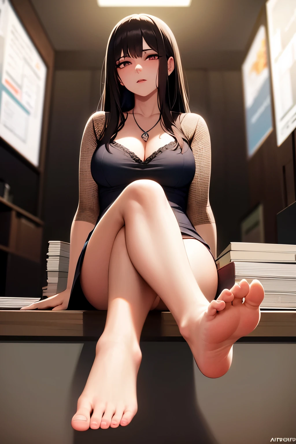 (masterpiece, best quality, ultra-detailed, best shadow), (detailed background), (beautifully detailed face), high contrast, ((cinematic light)), colorful, hyper detail, intricate details, Pixiv Anime Realism Trends, depth of field,
1girl, solo, (ara ara mature femdom look), boss, ceo, goddes presence, demanding look
The expression is domineering and rampant and alluring, (perfect beautiful face), royalty presence, pink eyes, very long hair),
feet, perfect feet. bare legs soles, five toes,
towering over you, sitting on the desk, office