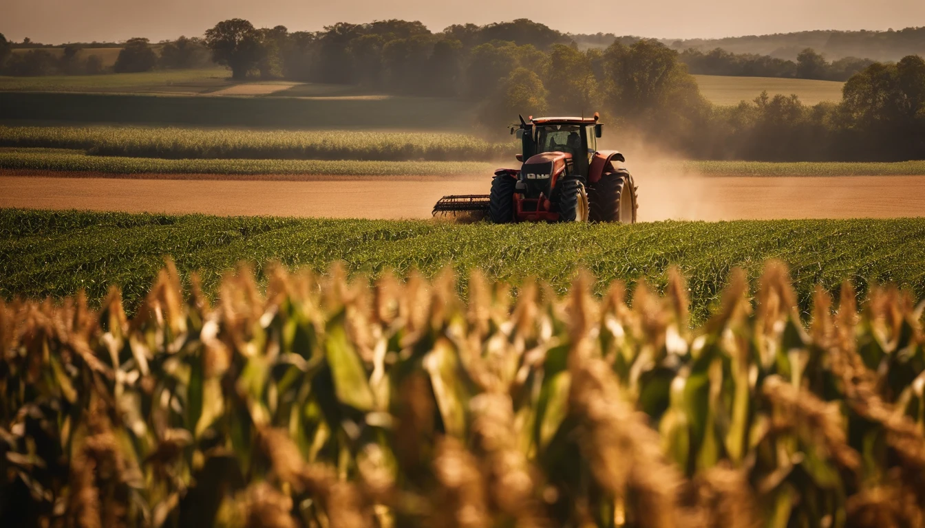 a high-angle shot of a tractor or farm equipment moving through a cornfield during the harvesting process, capturing the dynamic and industrious nature of agriculture