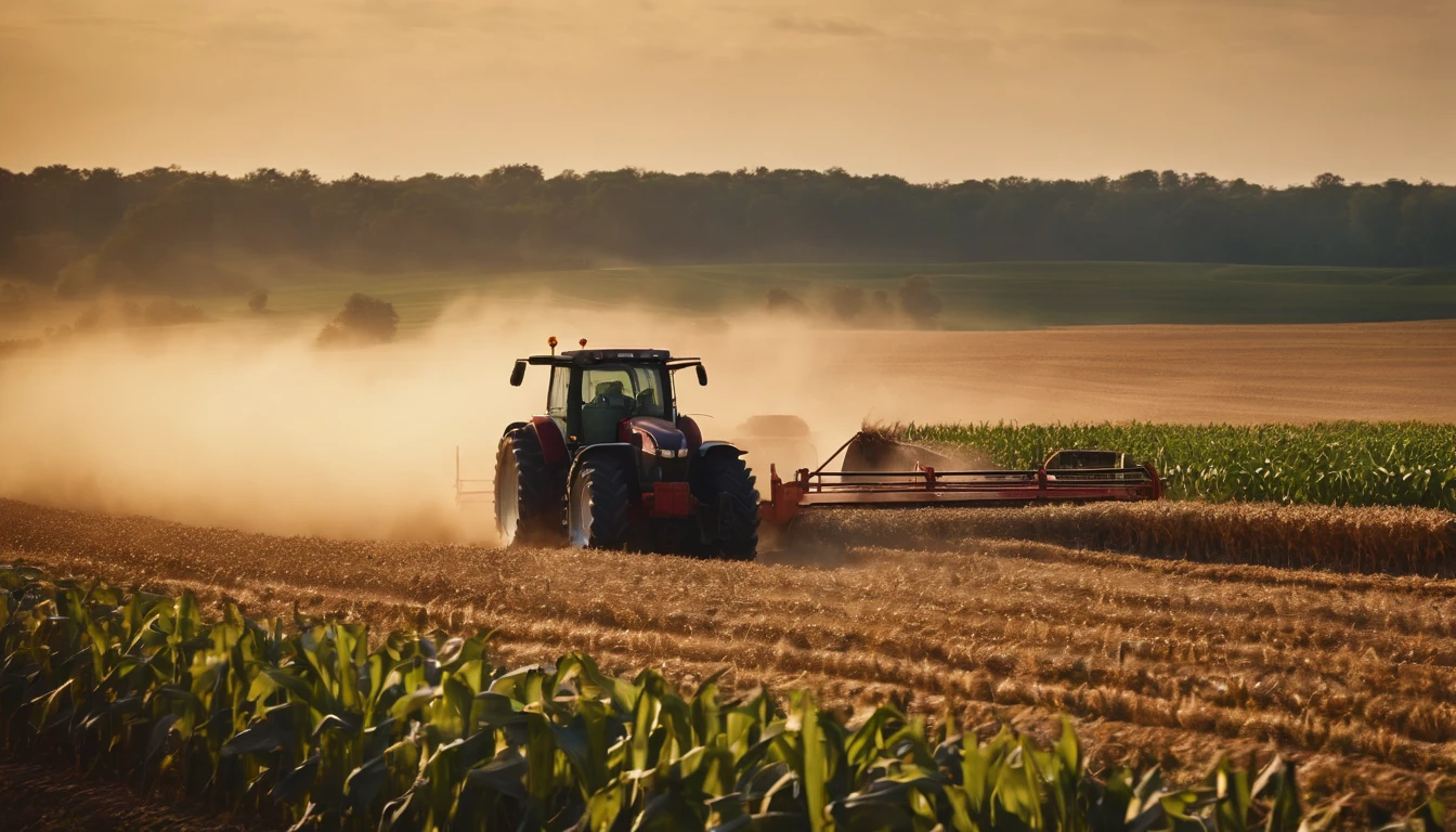 a high-angle shot of a tractor or farm equipment moving through a cornfield during the harvesting process, capturing the dynamic and industrious nature of agriculture