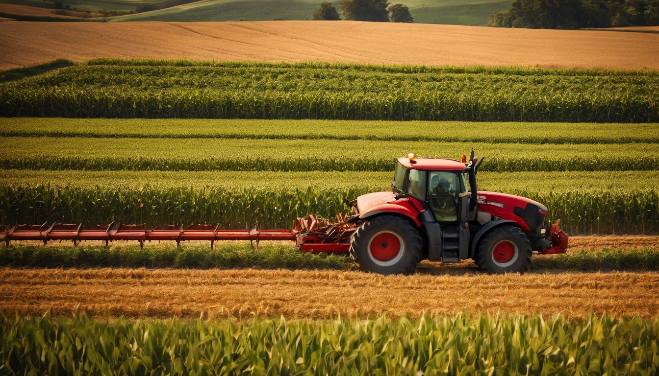 a high-angle shot of a tractor or farm equipment moving through a cornfield during the harvesting process, capturing the dynamic and industrious nature of agriculture