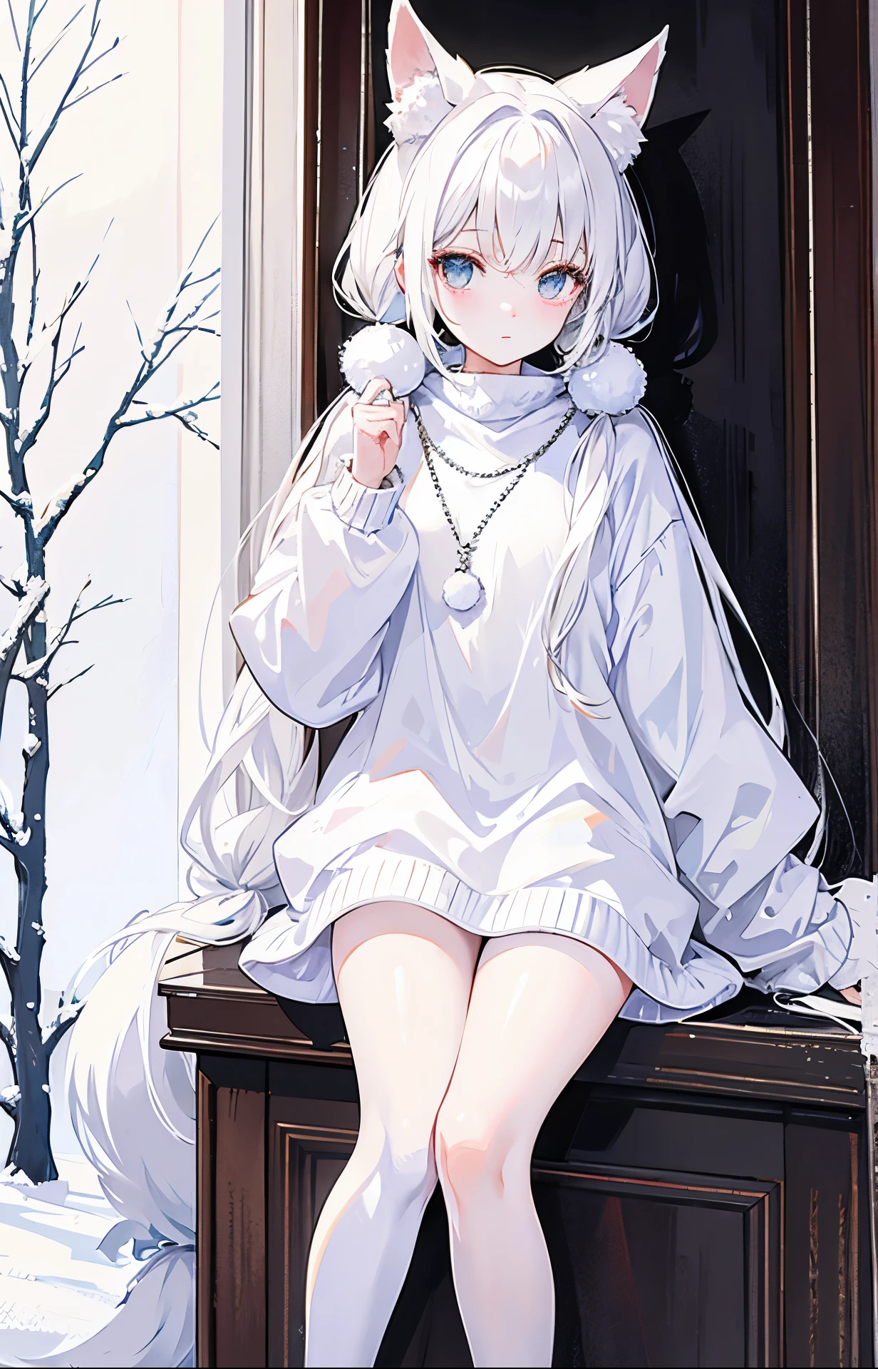 Snowball twintails，White skin of the，ccurateblack hair，With silver necklace，Over-the-knee white socks，Shirayuki&#39;s fox earox tails，Very delicate JK clothing