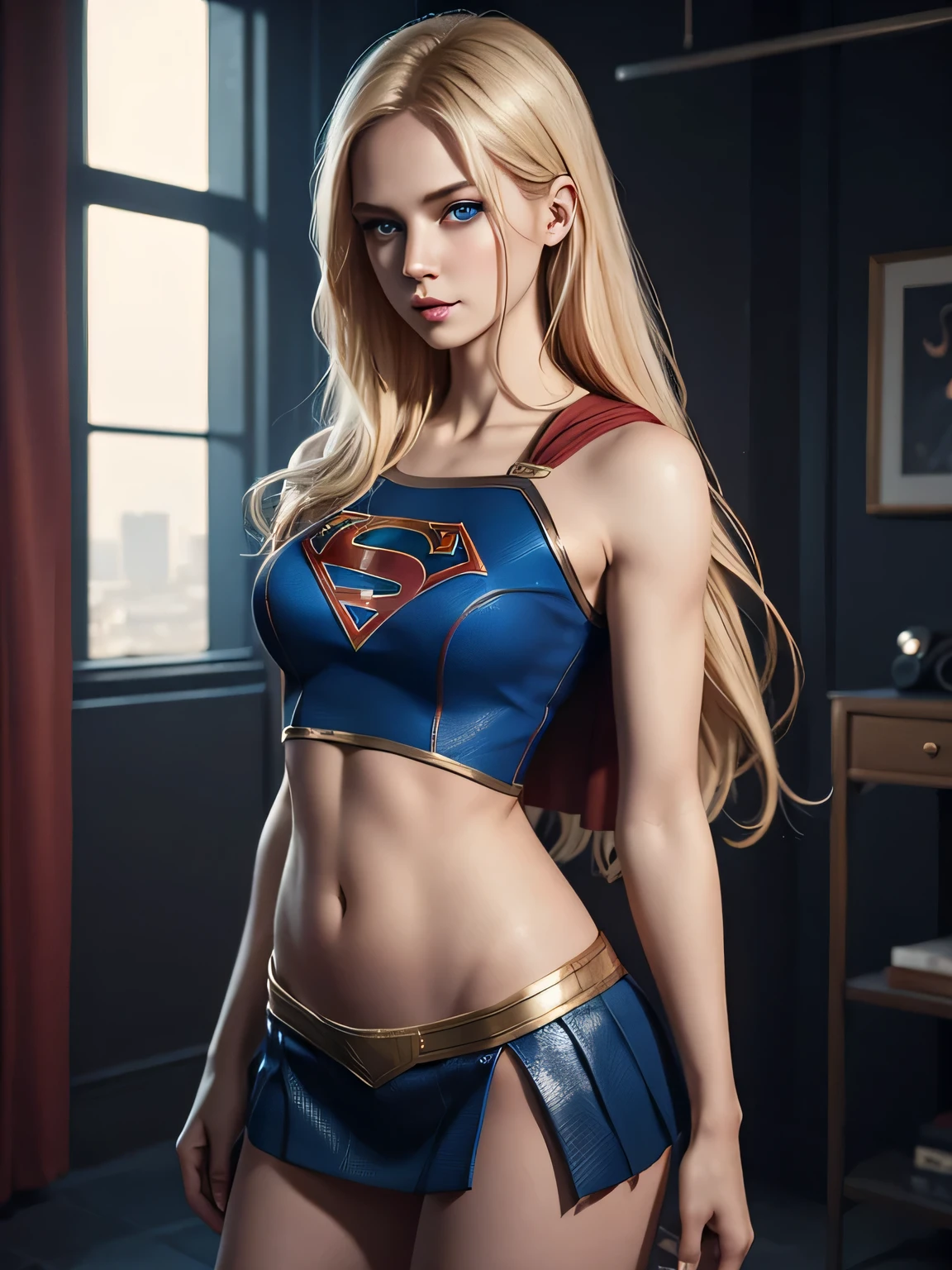 Supergirl, cheveux longs, blond sale, yeux bleus, Prostitute Outfit, top court slim révélateur, Jupe ultra courte, jambes nues, photo shoot, instagram pose, corps entier, Club de strip-tease, Supergirl fait office de strip-teaseuse, complexe, elegant, highly detailed, digital painting, ArtStation, Art conceptuel, lisse, mise au point nette, illustration, Illustration de Wlop, Charlie Bowater et Alexandra Fomina