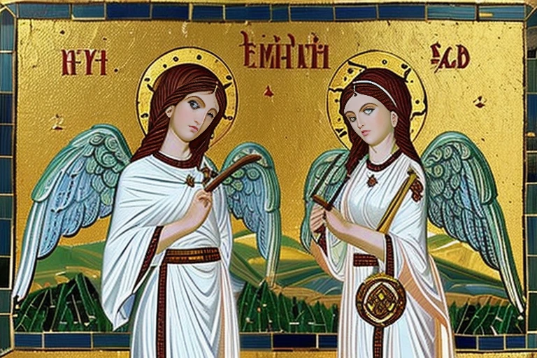 mosaic art, cute angels, beautiful slender females, playing medieval instruments in heaven, short blonde, small bust, narrow waist, wearing white-gold greek clothes, (((large wings))), (((byzantine art style)))