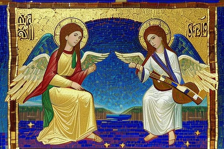 mosaic art, cute angels, beautiful slender females, playing medieval instruments in heaven, short blonde, small bust, narrow waist, wearing white-gold greek clothes, (((large wings))), (((byzantine art style)))