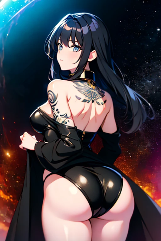 Anime black hair galaxy entity, she is dressed with an elegant latex black robe and wears a collar with a magic circle in it. She has long hair, and looks omnipotent and divine, skirt lift, huge ass, qos tattoos