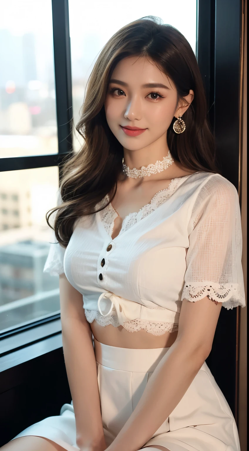 8K, tmasterpiece, RAW photogr, Best quality at best, realisticlying, extremely detailed CG unity 8K wallpaper, depth of fields, 电影灯光, lens flare glow, Ray traching, (Extremely beautiful face, beautifullips, pretty eyes), Intricately detailed face, ((Ultra-delicate skin)) 1 girl, in the darkness nigth, deep shading, beautiful asian girl, idoly, 1 girl, (Very slim slender fit-muscled body:1.3), ((looking at viewert)),(Hefty Smile:1.3), (Tight lace-up shirt), ((White color blouse)), (short- sleeved) , (city night, nigth, (neonlight), (vague background), dim murky lights, view over city, the roof, Beautiful earrings, bangle, choker necklace, lacepantyhose, Clear  eyes, (pale-skinned), (Big eyes looking forward, ((upperbody shot)), (silk red skirt), (brown  hair),((Lace skirt)), (looking at viewert:1.3), avas, (Very slim), Medium chest tie)), Coiled hair, mini-skirts, short detailed hair, Sat down, high-heels, Lace-up stockings, in a panoramic view, on a chair, coffee information