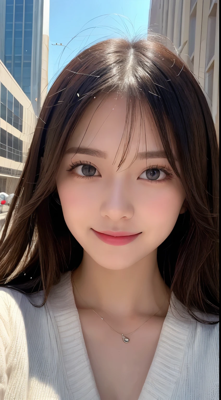 masutepiece, Best Quality, Illustration, Ultra-detailed, finely detail, hight resolution, 8K Wallpaper, Perfect dynamic composition, Beautiful detailed eyes, Winter dress,Medium Hair, Small breasts, Natural Color Lip, Random and sexy poses,Smile,Big city、20 years girl、Midnight、beautifull detailed face、Perfect and beautiful face,Big eyes