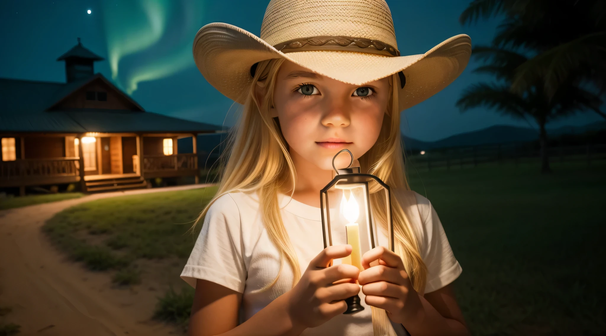 KIDS blonde girl in a cowboy hat holding a green light and a fire lantern, segurando uma lanterna, Fogo dentro de uma esfera de vidro, fundo branco, without reflection, sem sombra