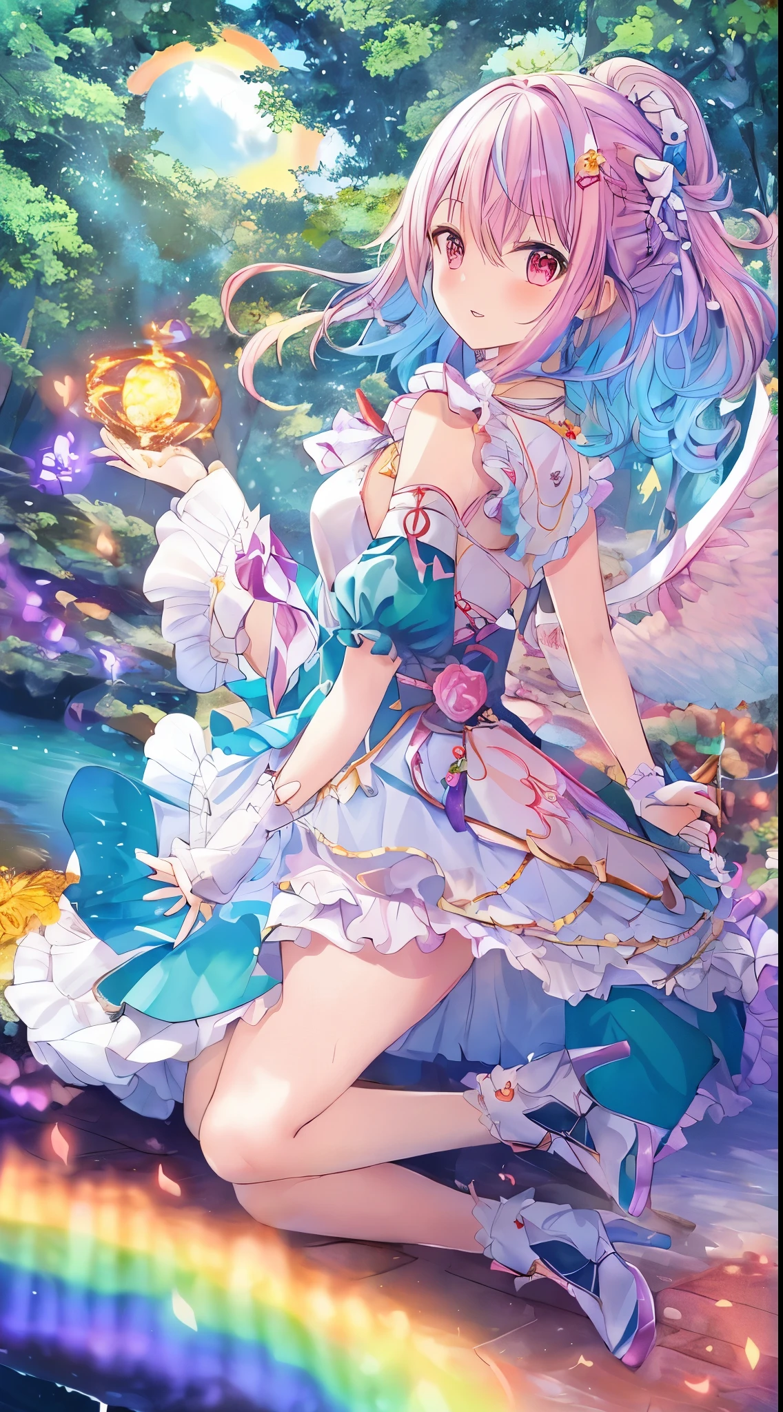 (masutepiece, Best Quality:1.2), 1girl in, Solo, kawaii系, kawaii, Digital Art, Magic Circle, Platinum Blonde Hair, finely detailed eyes, Embarrassed expression, Sweat, frilly dress, Pink color scheme, high-heels, White Gloves, Heart-shaped necklace, tiarra, Wield a wand, 神dragon, forest, Fire Breath, Wings, scales, sharp claws, Spiky tail, Trees, mosses, Moonlight passing through the leaves, leaves falling, Soto, boulders, River, Bridge, 夜云, 一面のstele空, Windy, Rustling leaves,The dragon,dragon,(​masterpiece、top-quality、top-quality、Eau彩画(Curly)、Official Art、Beautifully Aesthetic:1.2)、(1girl in:1.3)、(Fractal art:1.3)、The upper part of the body、from side、looking at the viewers、patterns、(rainbow-colored hair、colourfullな髪、Half blue and half pink hair:1.2)、Eau、liquids、云、colourfull、stele空、stele、