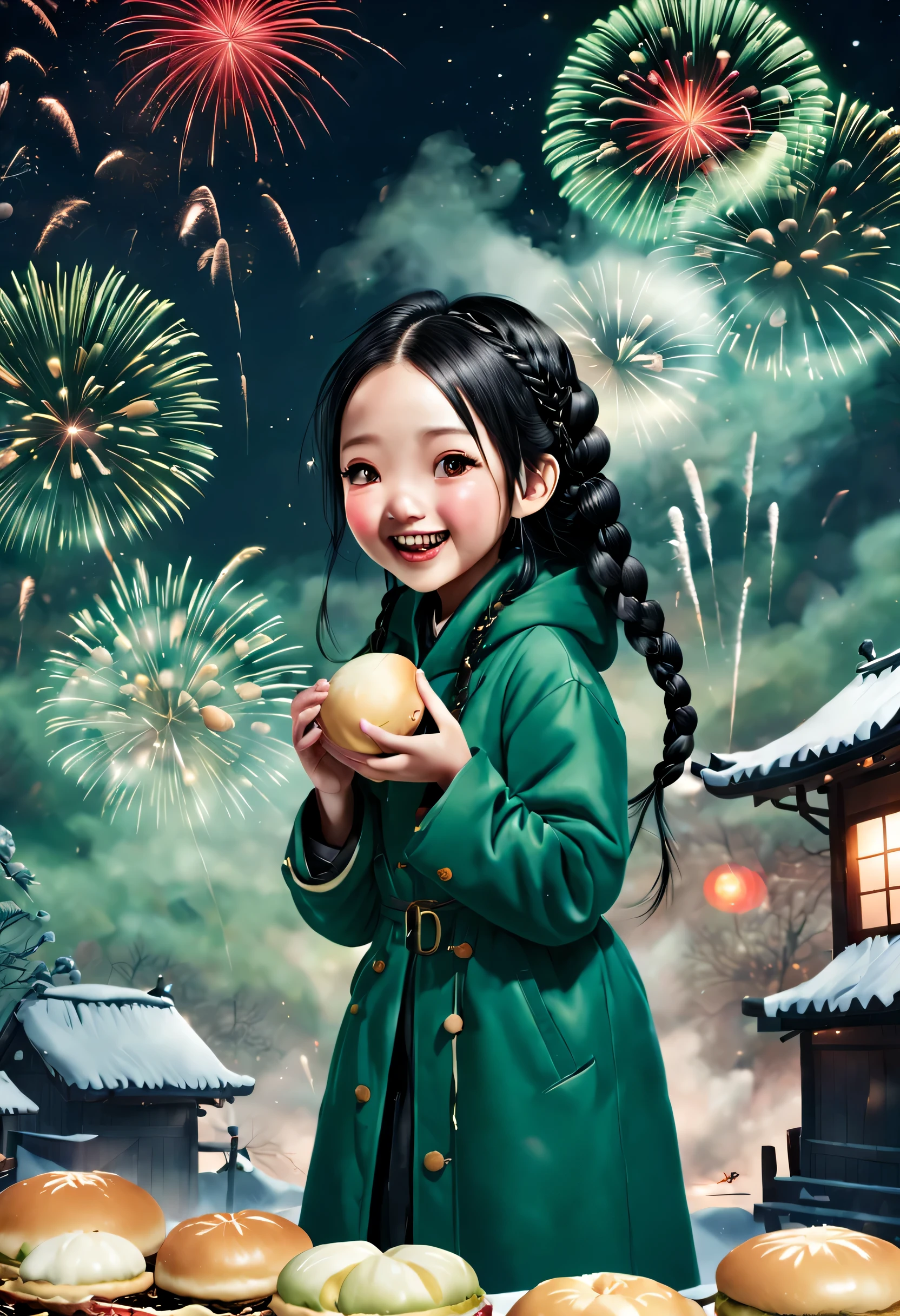 (2024 New Year theme poster design）,(Cute kawaii happy smiling asian girl in green cotton coat is eating steaming big steamed buns） ，Playful black braids，奈良美智、Ray Caesar、Liuye Design,Background with：new year celebration atmosphere，Fireworks bloom on a snowy night in the countryside，Red gold