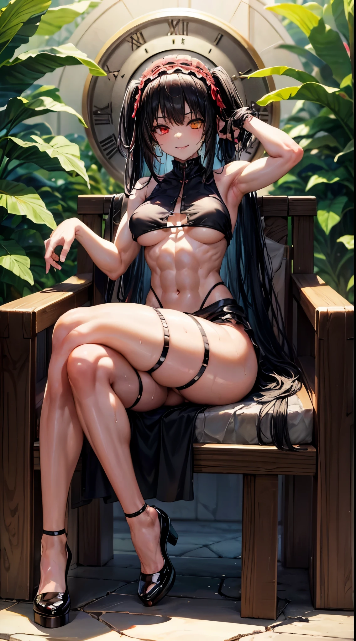 1 girl, bare shoulders, black hair, medium breasts, (muscular legs), white skin, muscular belly, wide hips, thin waist, (((clock eyes))), in the pool with the hot sun, (sitting on the chair with legs open showing him ), full body, hair band, (((all wet))), heterochromia, black high heel shoes, ta hair band, long hair, red eyes, mischievous smile, (Sly look ), only, symbol-shaped pupils, (Kurumi tokisaki), (Double tails), yellow eyes