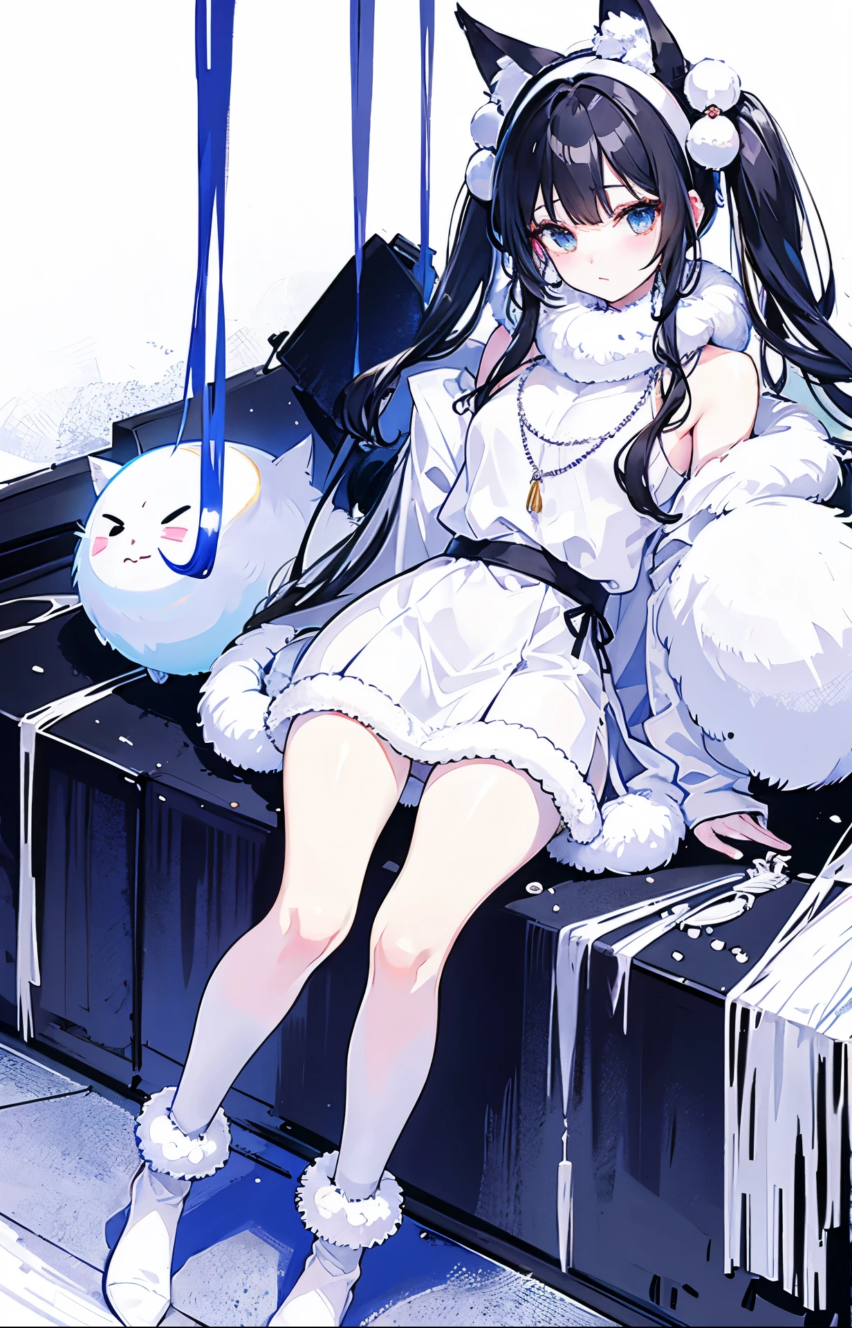 Snowball twintails，White skin of the，ccurateblack hair，With silver necklace，Over-the-knee white socks，Shirayuki&#39;s fox earox tails，Very delicate JK clothing