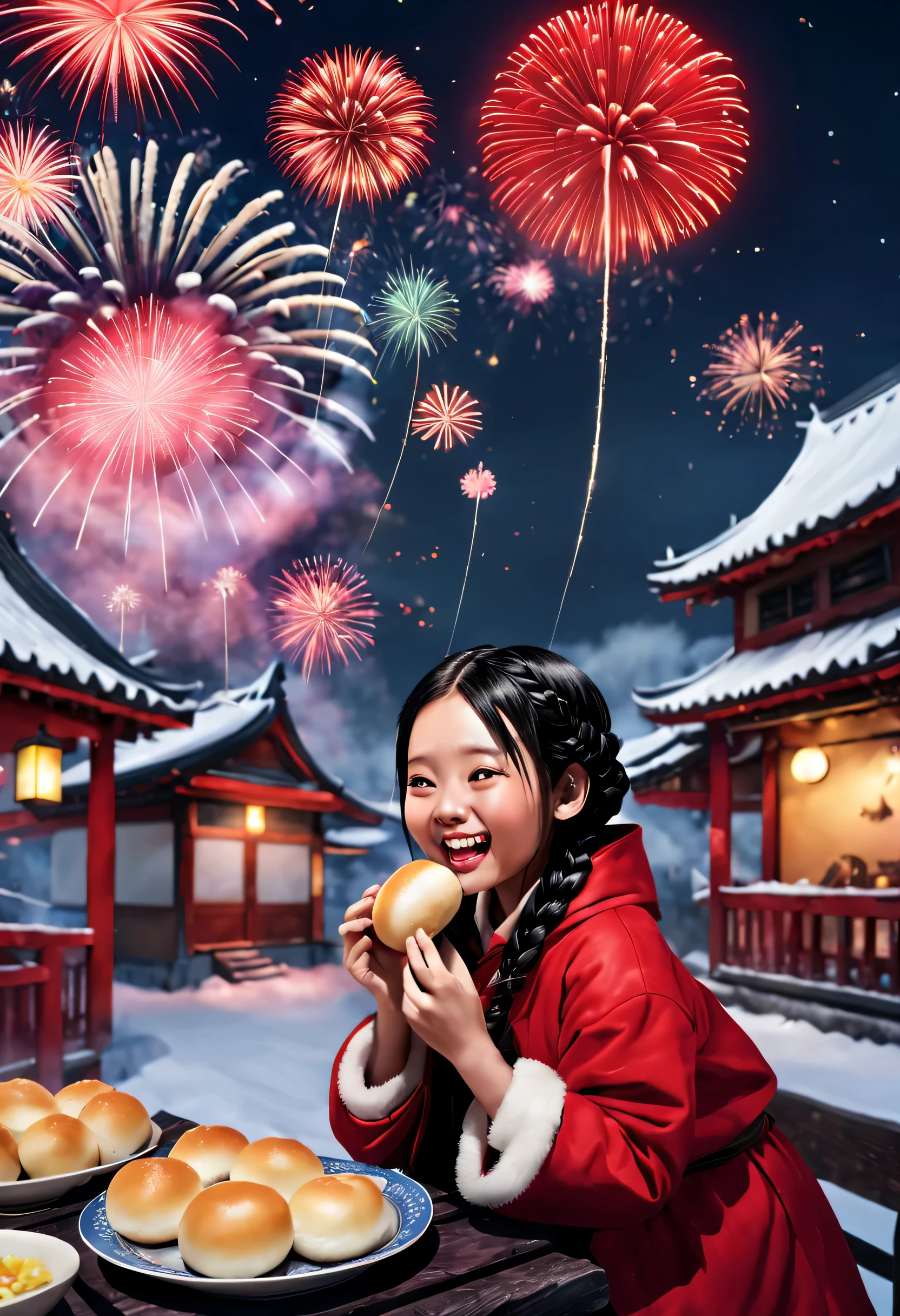 (2024 New Year theme poster design）,(Cute kawaii happy smiling asian girl in red cotton coat is eating steaming big steamed buns） ，Playful black braids，奈良美智、Ray Caesar、Liuye Design,Background with：new year celebration atmosphere，Fireworks bloom on a snowy night in the countryside，red gold theme