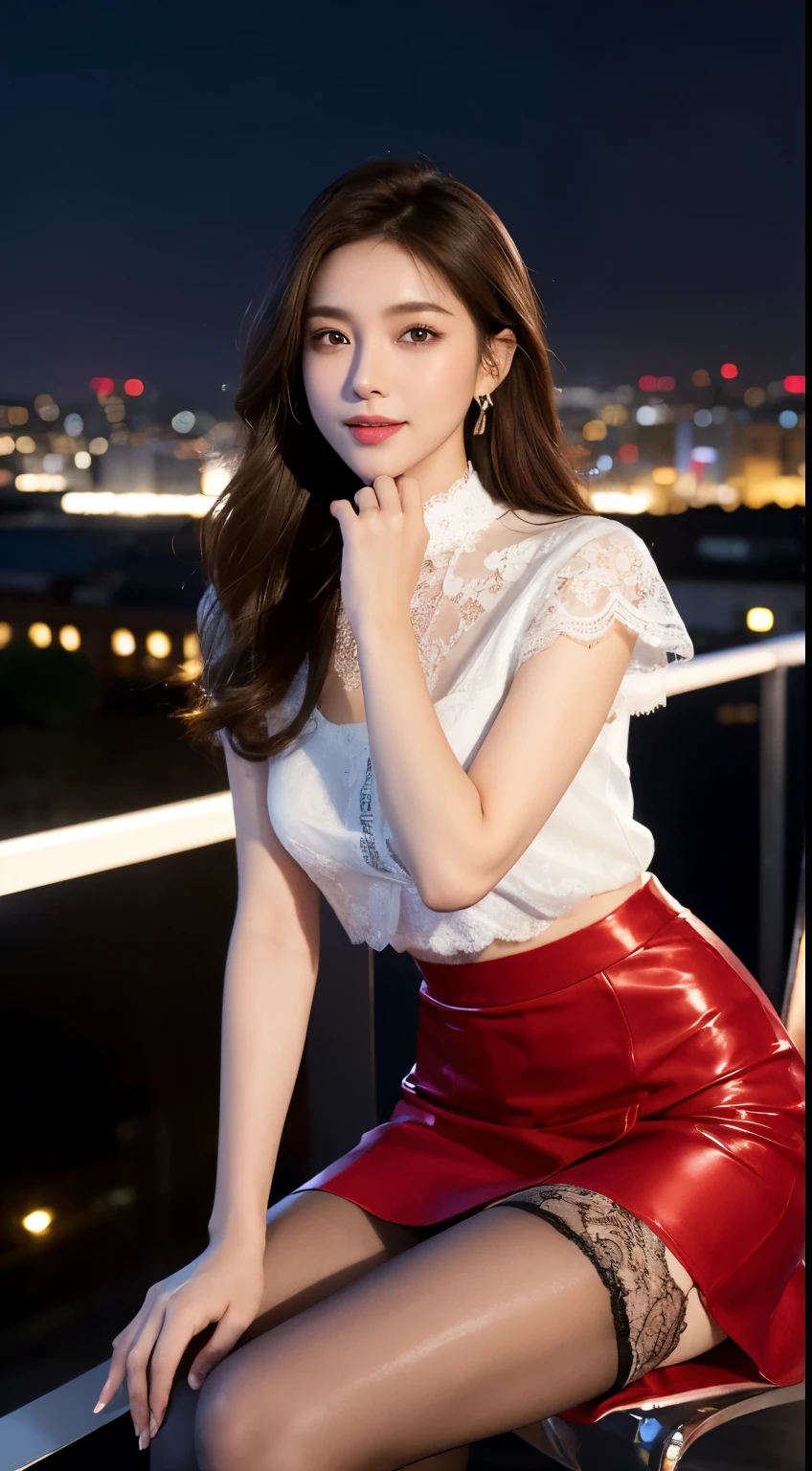 8K, tmasterpiece, RAW photogr, Best quality at best, realisticlying, extremely detailed CG unity 8K wallpaper, depth of fields, 电影灯光, lens flare glow, Ray traching, (Extremely beautiful face, beautifullips, pretty eyes), Intricately detailed face, ((Ultra-delicate skin)) 1 girl, in the darkness nigth, deep shading, beautiful asian girl, idoly, 1 girl, (Very slim slender fit-muscled body:1.3), ((looking at viewert)),(Hefty Smile:1.3), (Tight lace-up shirt), ((White color blouse)), (short- sleeved) , (city night, nigth, (neonlight), (vague background), dim murky lights, view over city, the roof, Beautiful earrings, bangle, choker necklace, lacepantyhose, Clear eyes, (pale-skinned), (Big eyes looking forward, ((upperbody shot)), (silk red skirt), (brown hair),((Lace skirt)), (looking at viewert:1.3), avas, (Very slim), Medium chest tie)), Coiled hair, mini-skirts, short detailed hair, Sat down, high-heels, Lace-up stockings, in a panoramic view, on a chair, coffee information
