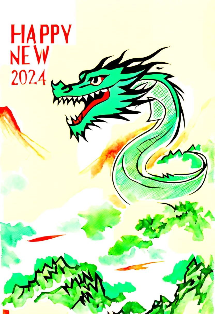 ​masterpiece, top-quality, (ink and watercolor painting:1.5),New Year's card of Japan, (((Texto"Happy New Year 2024":1.5))), (Flying Dragon:1.5),The background is a mountain