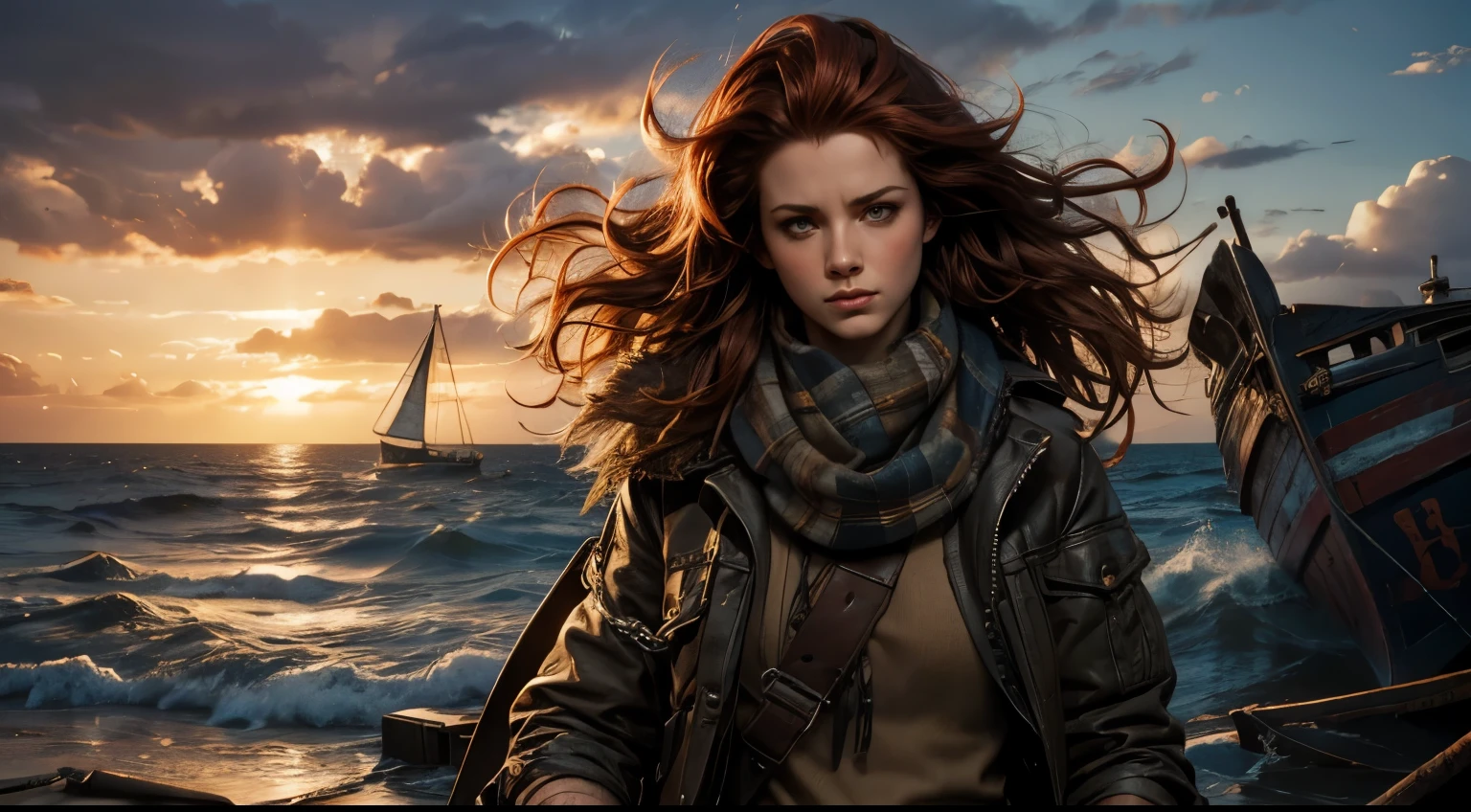 Photorealistic, book cover mockup, dramatic lighting, close-up of Amy Manson on right hand side, scruffy canvas jacket and jeans, keffiyeh, belt with gun holster, long curly red hair, fierce expression, snow, beach on remote Scottish island, wrecked fishing boat, at sunset