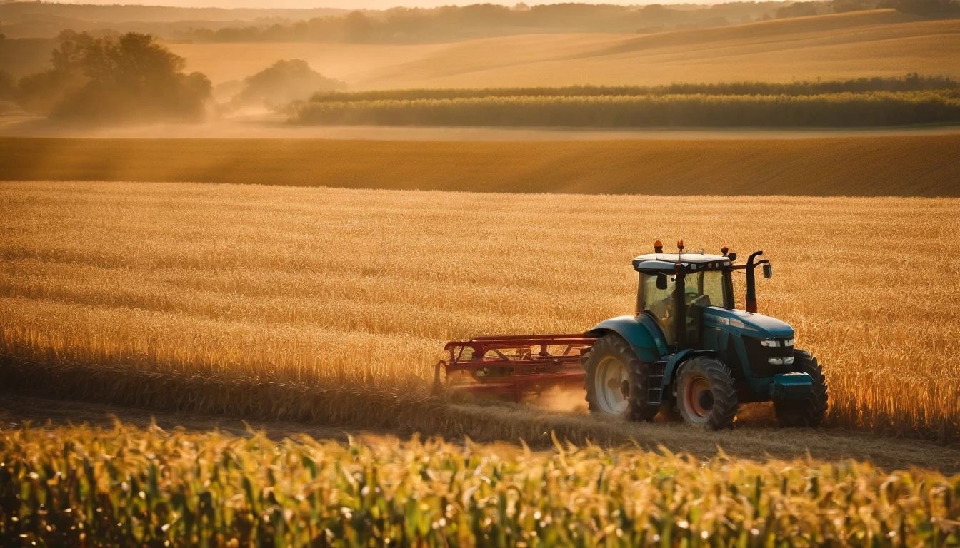 a high-angle shot of a tractor or farm equipment moving through a cornfield during the harvesting process, capturing the dynamic and industrious nature of agriculture