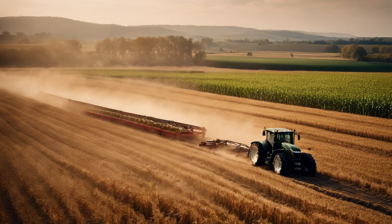 a high-angle shot of a tractor or farm equipment moving through a cornfield during the harvesting process, capturing the dynamic and industrious nature of agriculture