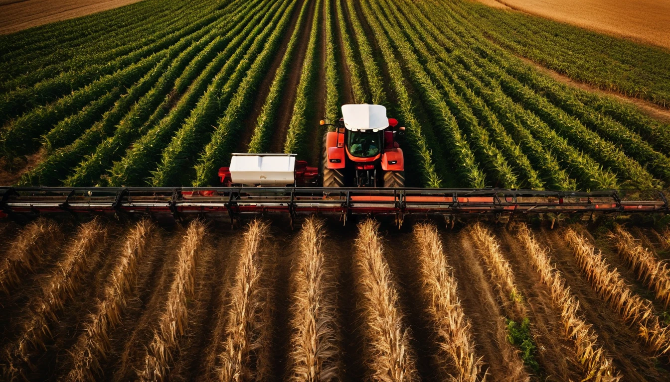 a high-angle shot of a tractor or farm equipment moving through a cornfield during the harvesting process, capturing the dynamic and industrious nature of agriculture
