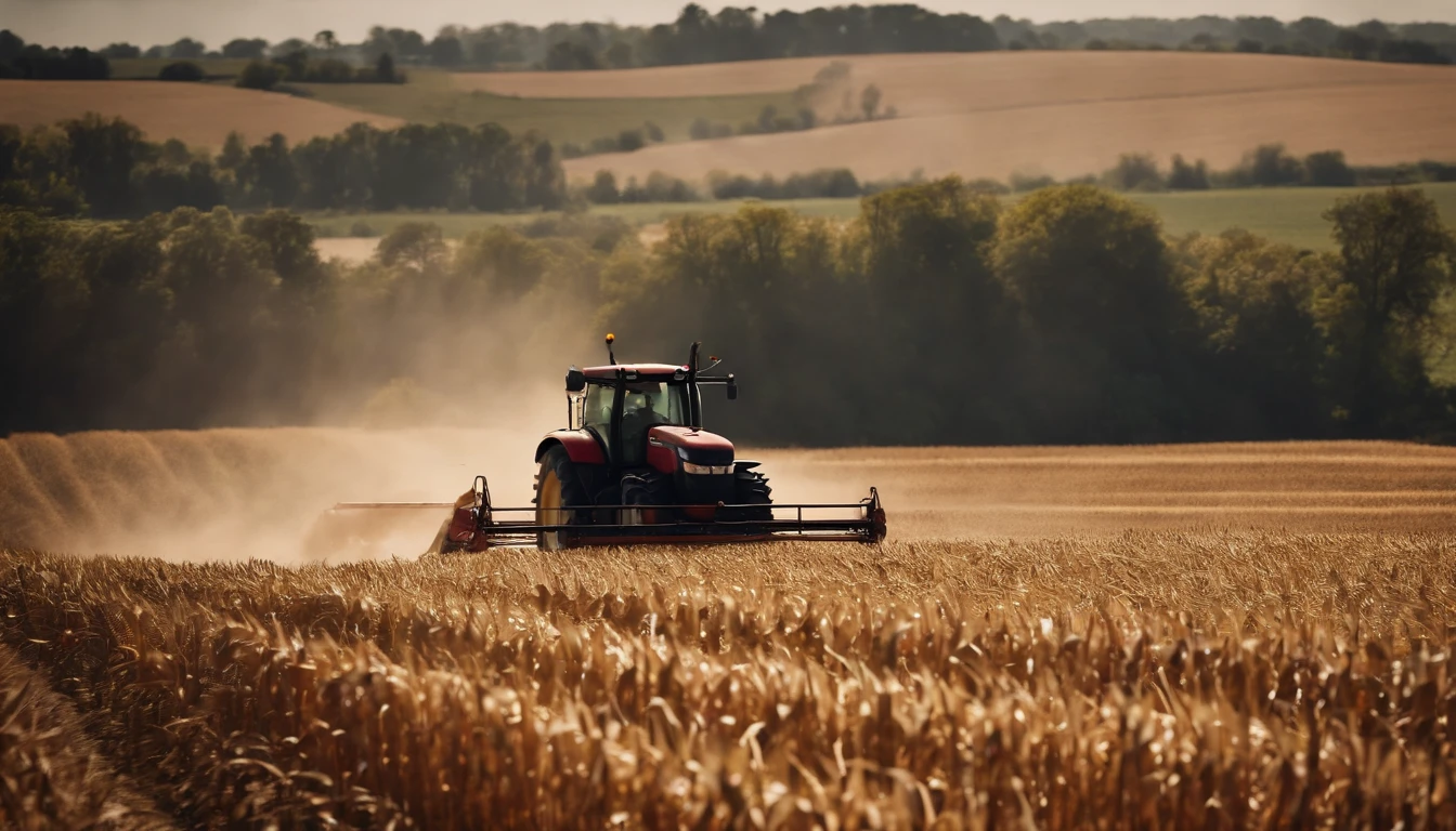 a high-angle shot of a tractor or farm equipment moving through a cornfield during the harvesting process, capturing the dynamic and industrious nature of agriculture