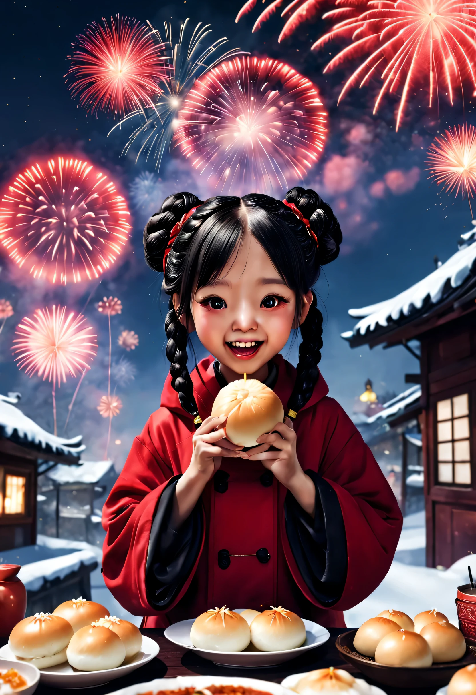 (2024 New Year theme poster design）,(Cute kawaii happy smiling asian girl in red cotton coat is eating steaming big steamed buns） ，Playful black braids，奈良美智、Ray Caesar、Liuye Design,Background with：new year celebration atmosphere，Fireworks bloom on a snowy night in the countryside，red gold theme