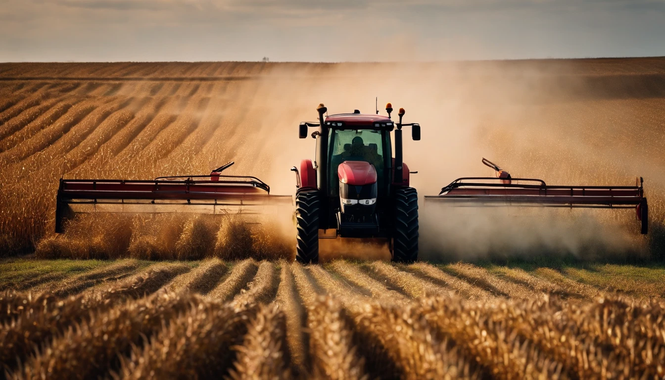a high-angle shot of a tractor or farm equipment moving through a cornfield during the harvesting process, capturing the dynamic and industrious nature of agriculture
