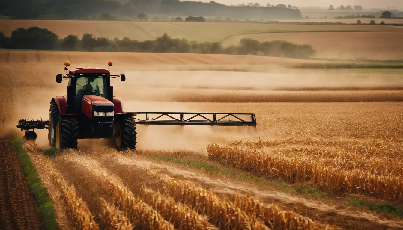 a high-angle shot of a tractor or farm equipment moving through a cornfield during the harvesting process, capturing the dynamic and industrious nature of agriculture