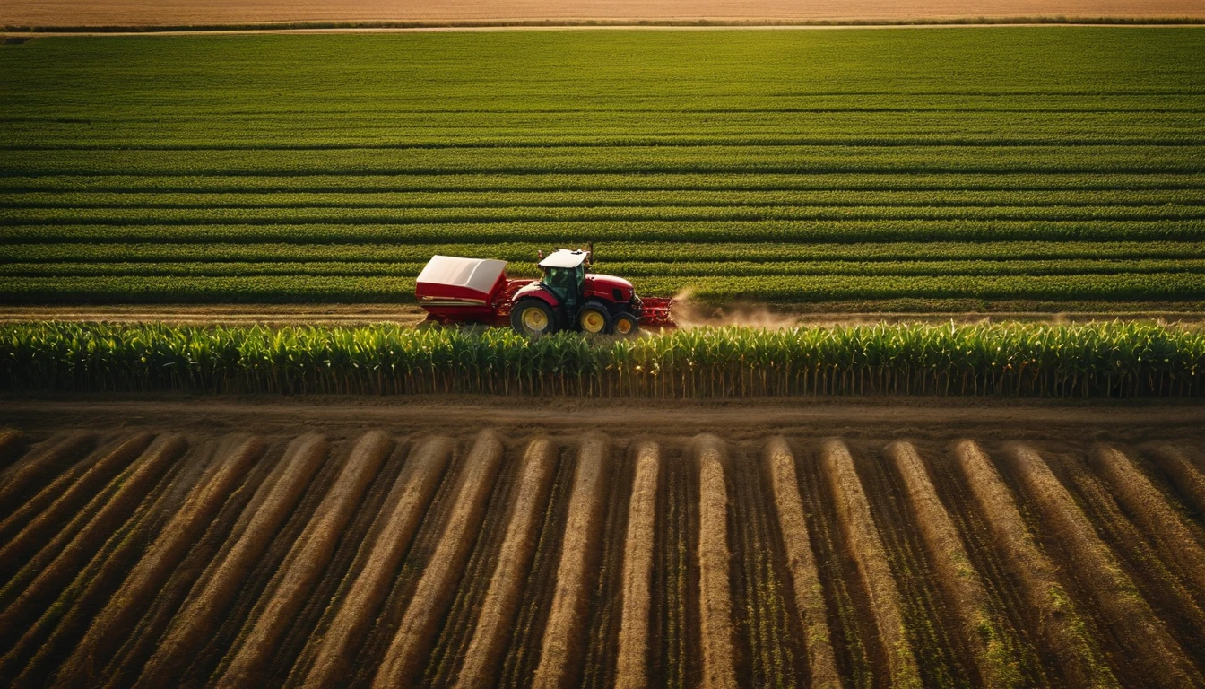 a high-angle shot of a tractor or farm equipment moving through a cornfield during the harvesting process, capturing the dynamic and industrious nature of agriculture