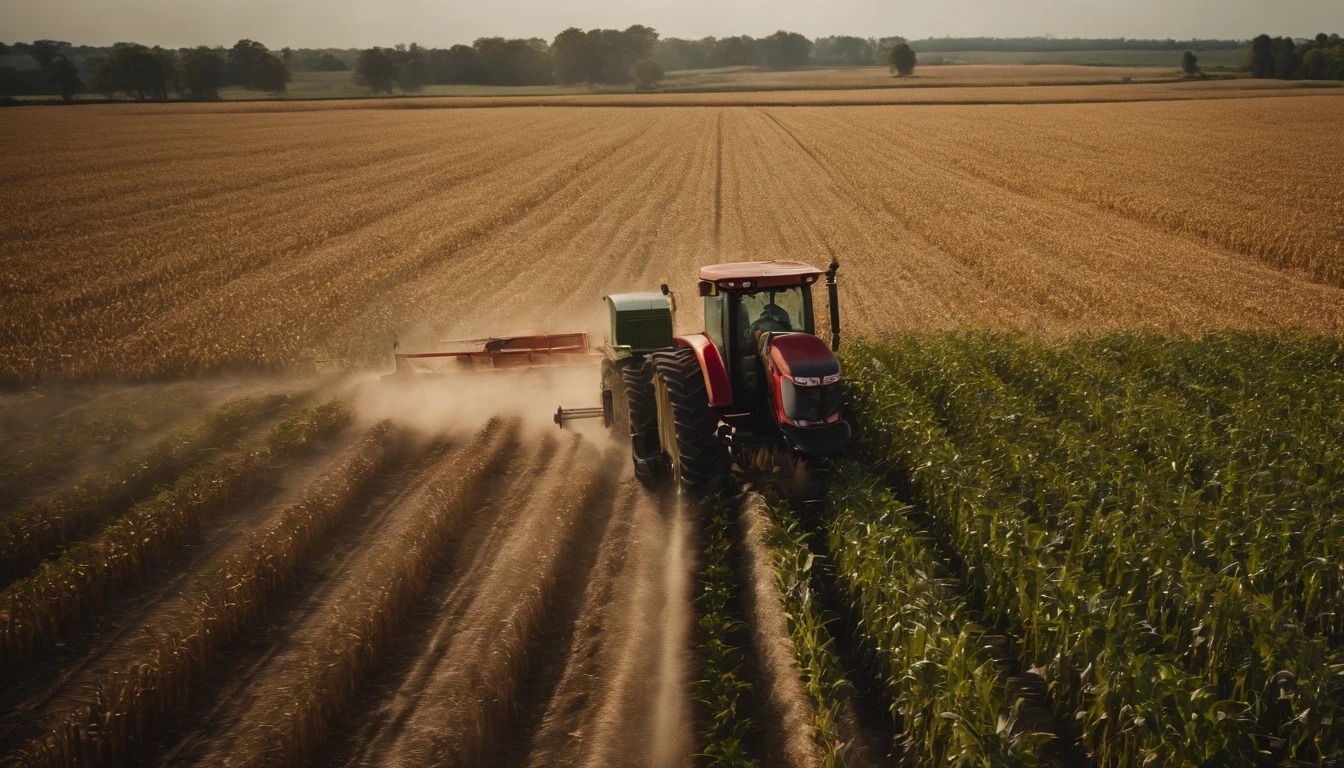 a high-angle shot of a tractor or farm equipment moving through a cornfield during the harvesting process, capturing the dynamic and industrious nature of agriculture