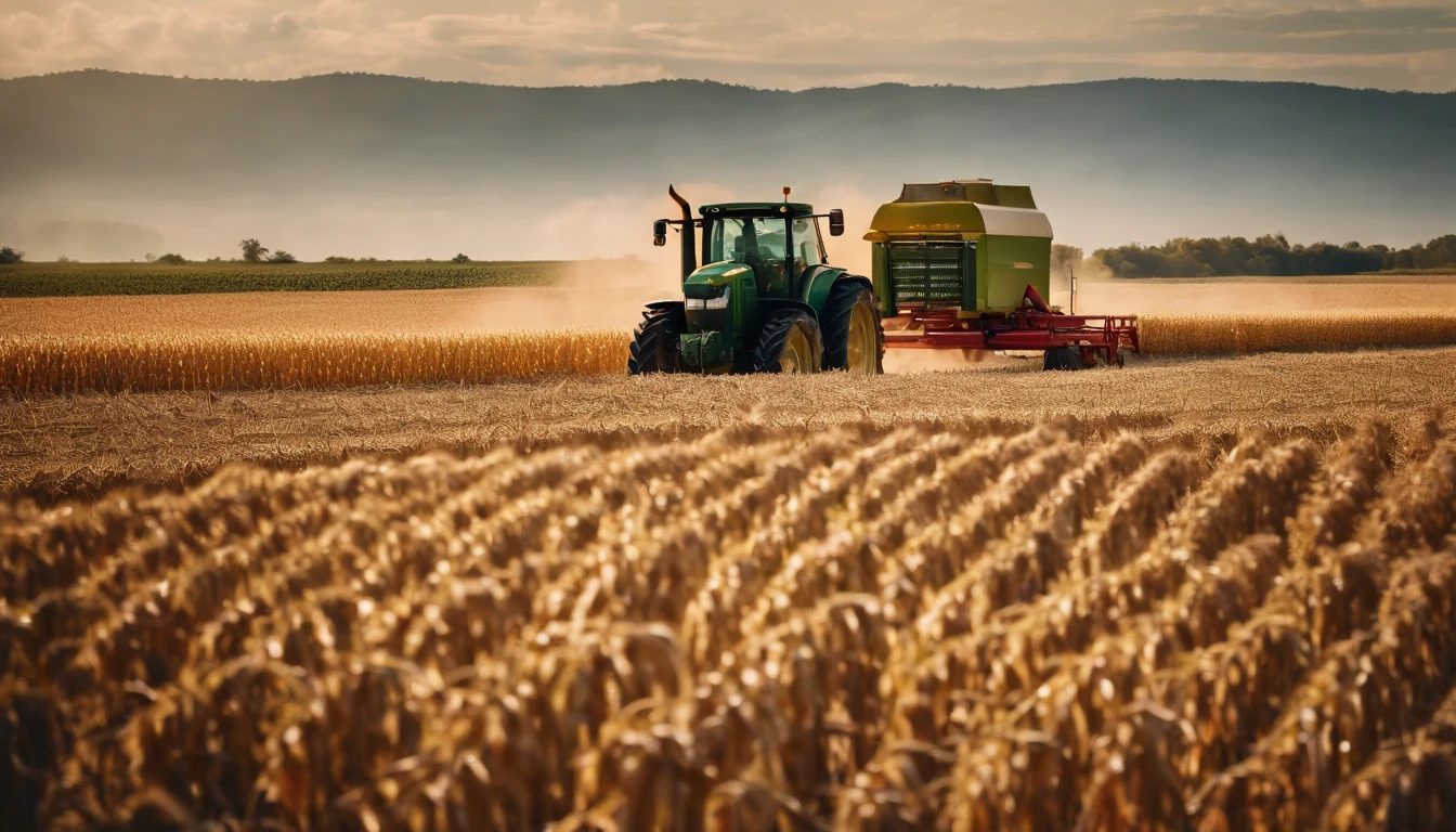 a high-angle shot of a tractor or farm equipment moving through a cornfield during the harvesting process, capturing the dynamic and industrious nature of agriculture