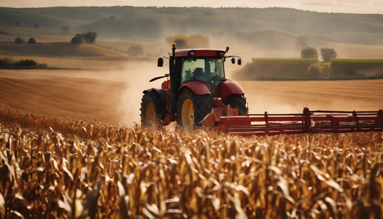 a high-angle shot of a tractor or farm equipment moving through a cornfield during the harvesting process, capturing the dynamic and industrious nature of agriculture
