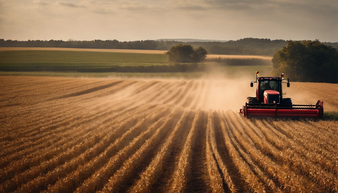 a high-angle shot of a tractor or farm equipment moving through a cornfield during the harvesting process, capturing the dynamic and industrious nature of agriculture