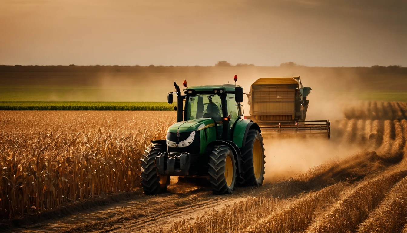 a high-angle shot of a tractor or farm equipment moving through a cornfield during the harvesting process, capturing the dynamic and industrious nature of agriculture