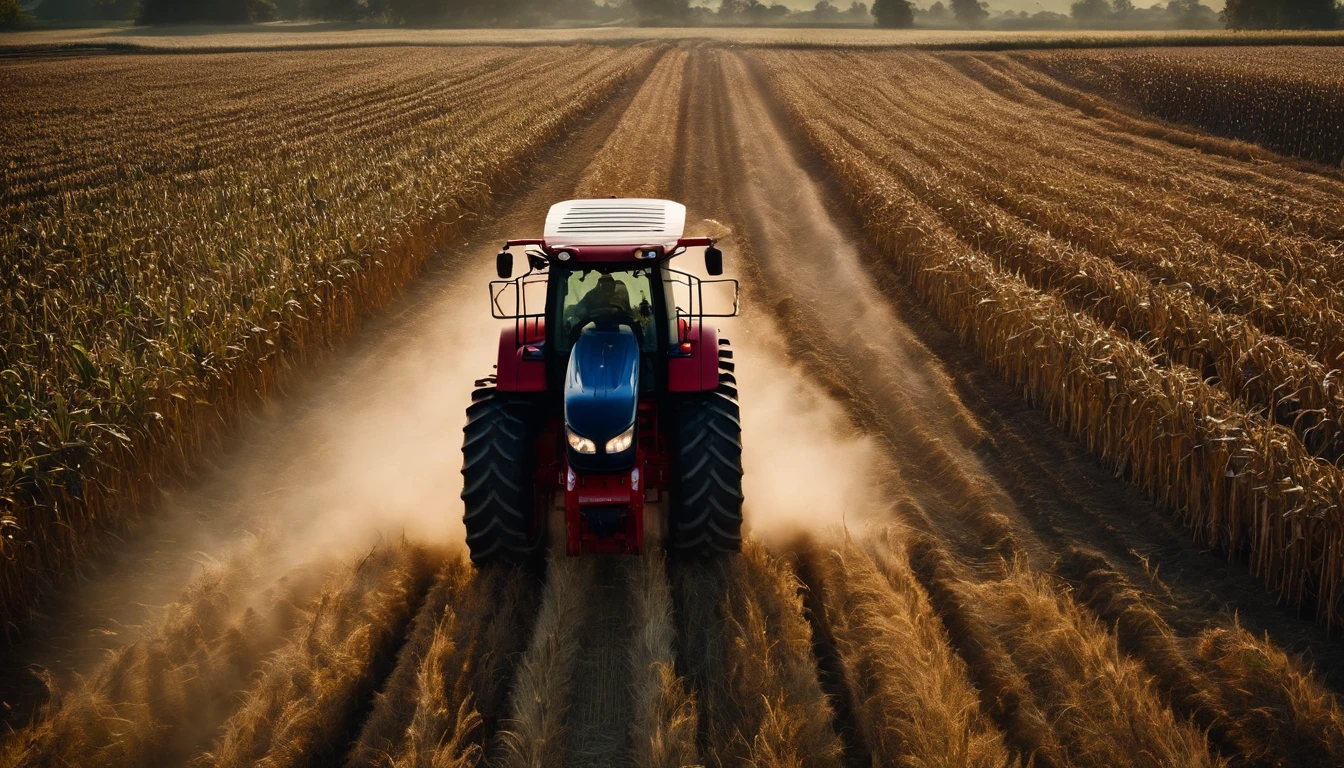 a high-angle shot of a tractor or farm equipment moving through a cornfield during the harvesting process, capturing the dynamic and industrious nature of agriculture
