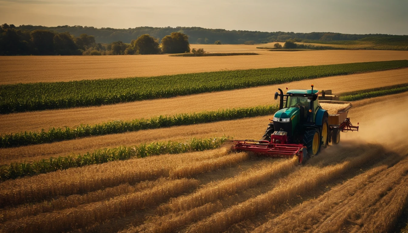 a high-angle shot of a tractor or farm equipment moving through a cornfield during the harvesting process, capturing the dynamic and industrious nature of agriculture