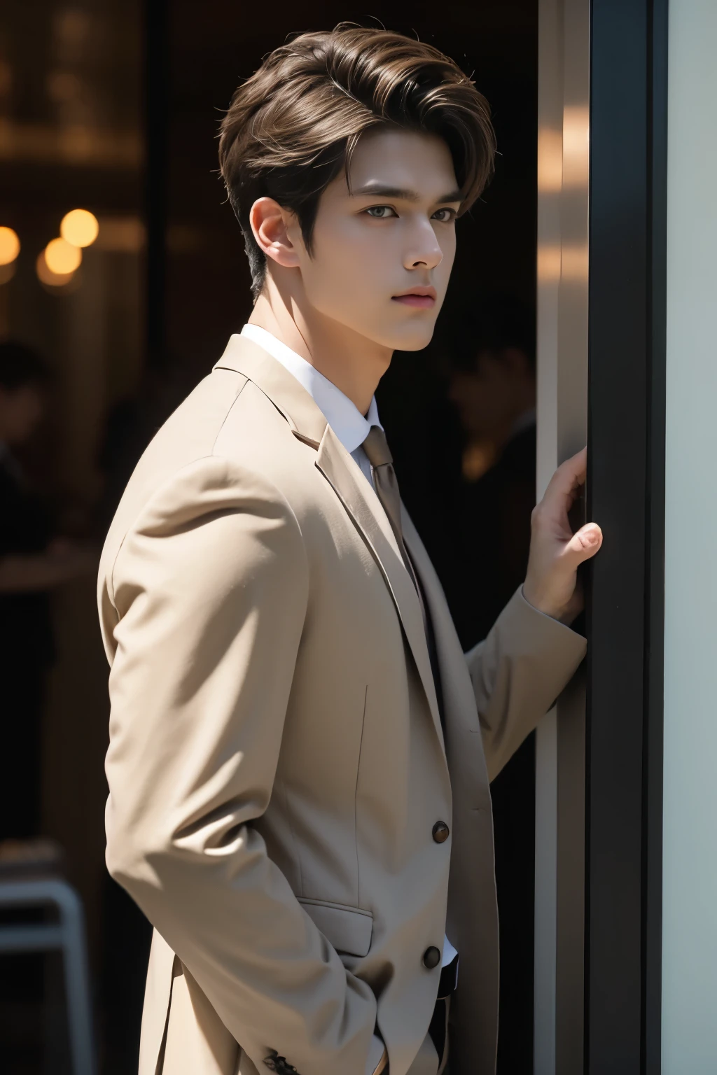 1boy, brown hair, side view, not facing the camera, Business suit, Very detailed handsome face, Heroic, Large muscles, beige color suit