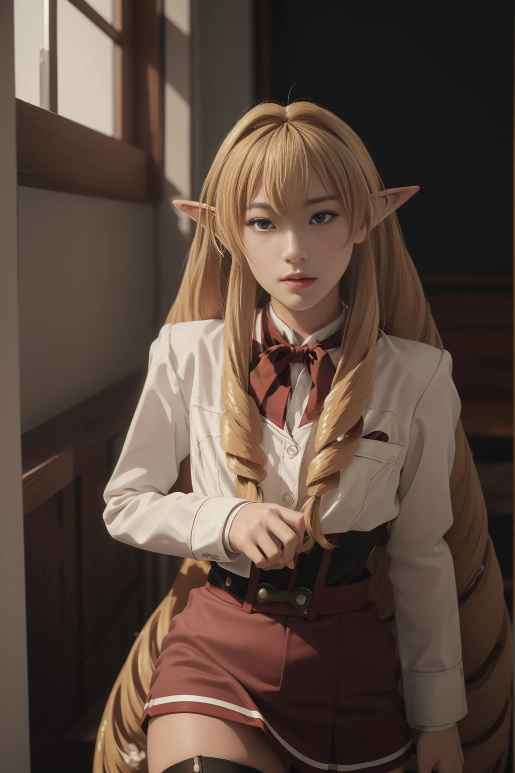 1girl,solo,blonde hair,very long hair,pointy ears,twin drills,red eyes,solo,ahoge,elf,drill hair,hair between eyes,bangs,hair intakes,hair behind ear,
long sleeves,school uniform,red skirt,red bowtie,black corset,thighhighs,white shirt,, Exquisite visuals, high-definition,masterpiece,best quality,, 18yo,Young female,Beautiful Fingers,Beautiful long legs,Beautiful body,Beautiful Nose,Beautiful character design, perfect eyes, perfect face,expressive eyes,
official art,extremely detailed CG unity 8k wallpaper, perfect lighting,Colorful, Bright_Front_face_Lighting,shiny skin, 
(masterpiece:1.0),(best_quality:1.0), ultra high res,4K,ultra-detailed,
photography, 8K, HDR, highres, absurdres:1.2, Kodak portra 400, film grain, blurry background, bokeh:1.2, lens flare, (vibrant_color:1.2), (beautiful_face:1.5),(narrow_waist), ,NSFW,