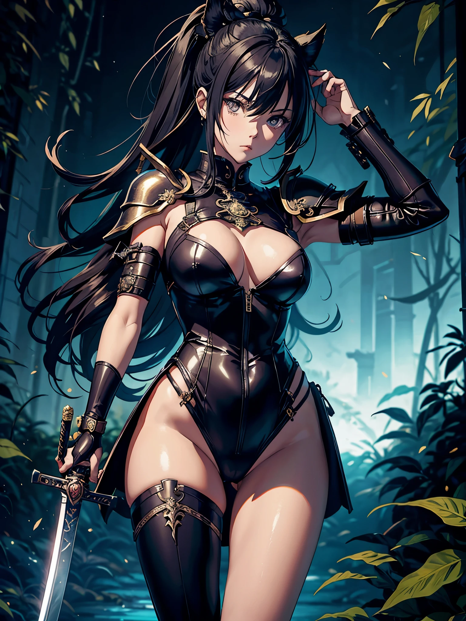 Anime girl with sword and armor in a dark room with ornate background, inspired by Masamune Shirow, badass anime 8 K, she holds a sword, she is holding a katanas sword, by shirow masamune, with large sword, style of masamune shirow, unsheathing her katanas, katanas, holding a sword on her shoulder、There's a girl wearing a bunny suit、Background surrounded by vintage foliage motifs、stormy、many bright leaves on trees、