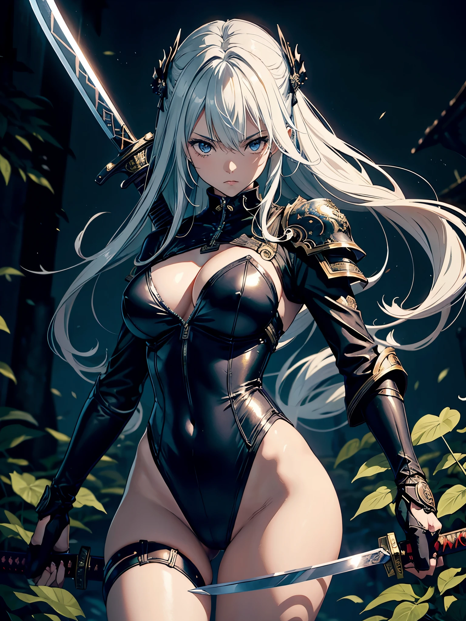 Anime girl with sword and armor in a dark room with ornate background, inspired by Masamune Shirow, badass anime 8 K, she holds a sword, she is holding a katanas sword, by shirow masamune, with large sword, style of masamune shirow, unsheathing her katanas, katanas, holding a sword on her shoulder、There'Girl in bunny suit、Background surrounded by vintage leaf motifs、stormy、many bright leaves on the tree、