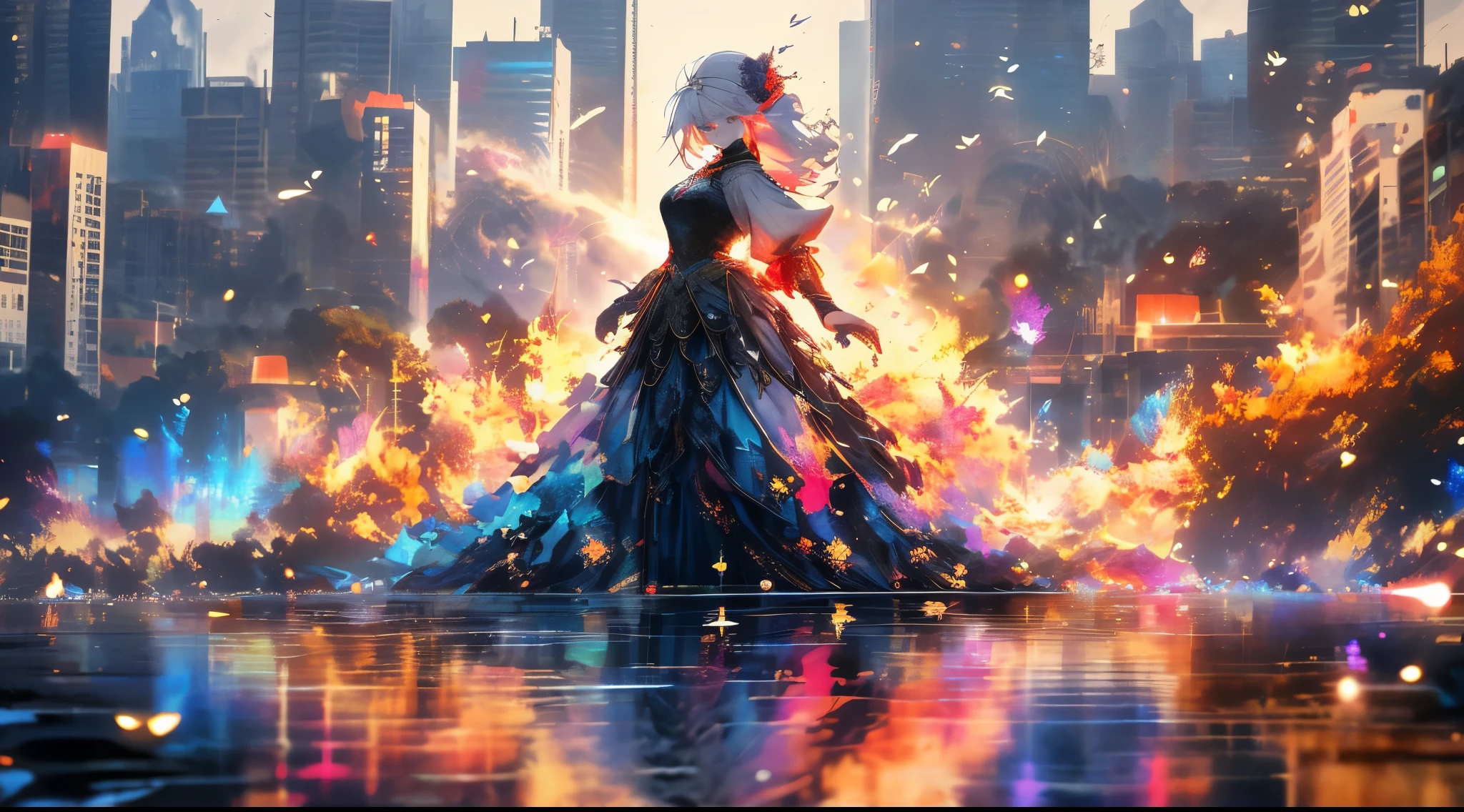 big city,Characters are smaller,(1 sister),White hair, Organza lace,Gorgeous and fussy clothes,Gothic, Standing by the lake, blue, (Colorful), Thick strokes, Gradient blending, motionblur, Sparkling textures, dynamic combination, Atmospheric perspective, Impresionismo, , (tmasterpiece), (Best quality), Amazing Cleavage, (beautidful eyes), (detailed), depth of fields, extremely detremely detailed CG, Original, 非常detailed壁纸, (vibrant with colors), 电影灯光, (Colorful), The face is red,film effect,8K,Water surface reflection,Sparkling。