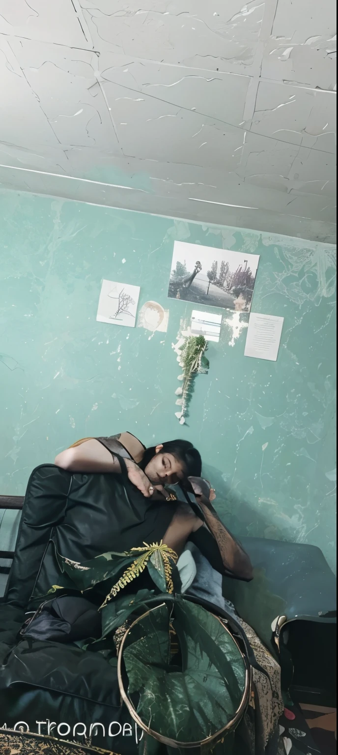(Raw photos) weed leaves background,, with luxury sofa, trippy mood, alone monster,, peaceful vibe