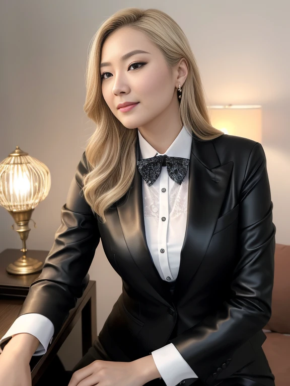an beautiful,
(((tmasterpiece))), ((Best quality at best)), ((intricately details)), ((hyper realisitc)), Ridiculous resources, 摩洛解放阵线, Mature woman, (),Perspectives, The content is very detailed, lamplight, Perfect hands, detailed finger, 美丽细致lewd eyes, Long blonde hair, 棕色lewd eyes, CEO, (Professional Dress:1.2), Blazer in similar color scheme,Paired with thin lapel dress,Black leather pantyhose,Pink collar, ear nipple ring, livestock, detailedbackground, Bedrooms, 完美lewd eyes, lewd eyes, looking at viewert, seen from the side